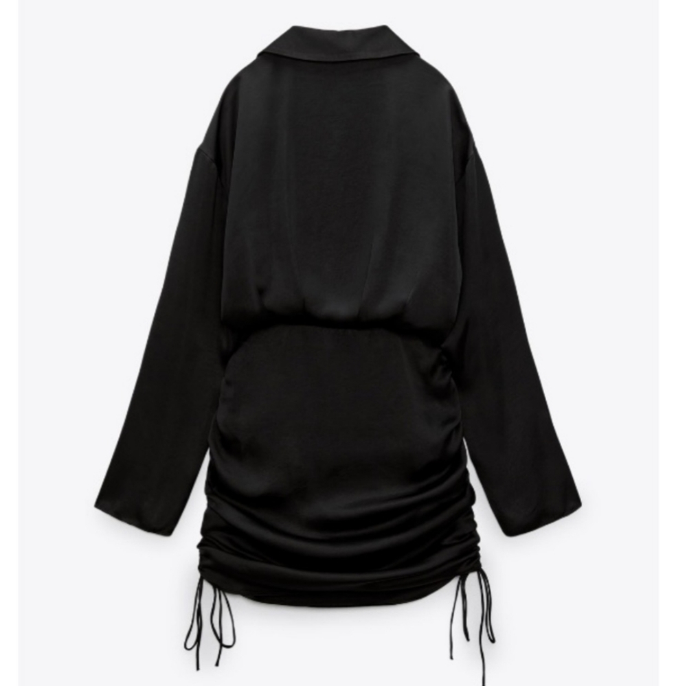 ZARA * SHORT SATIN EFFECT RUCHED DRAWSTRING DRESS Black - Picture 5 of 7